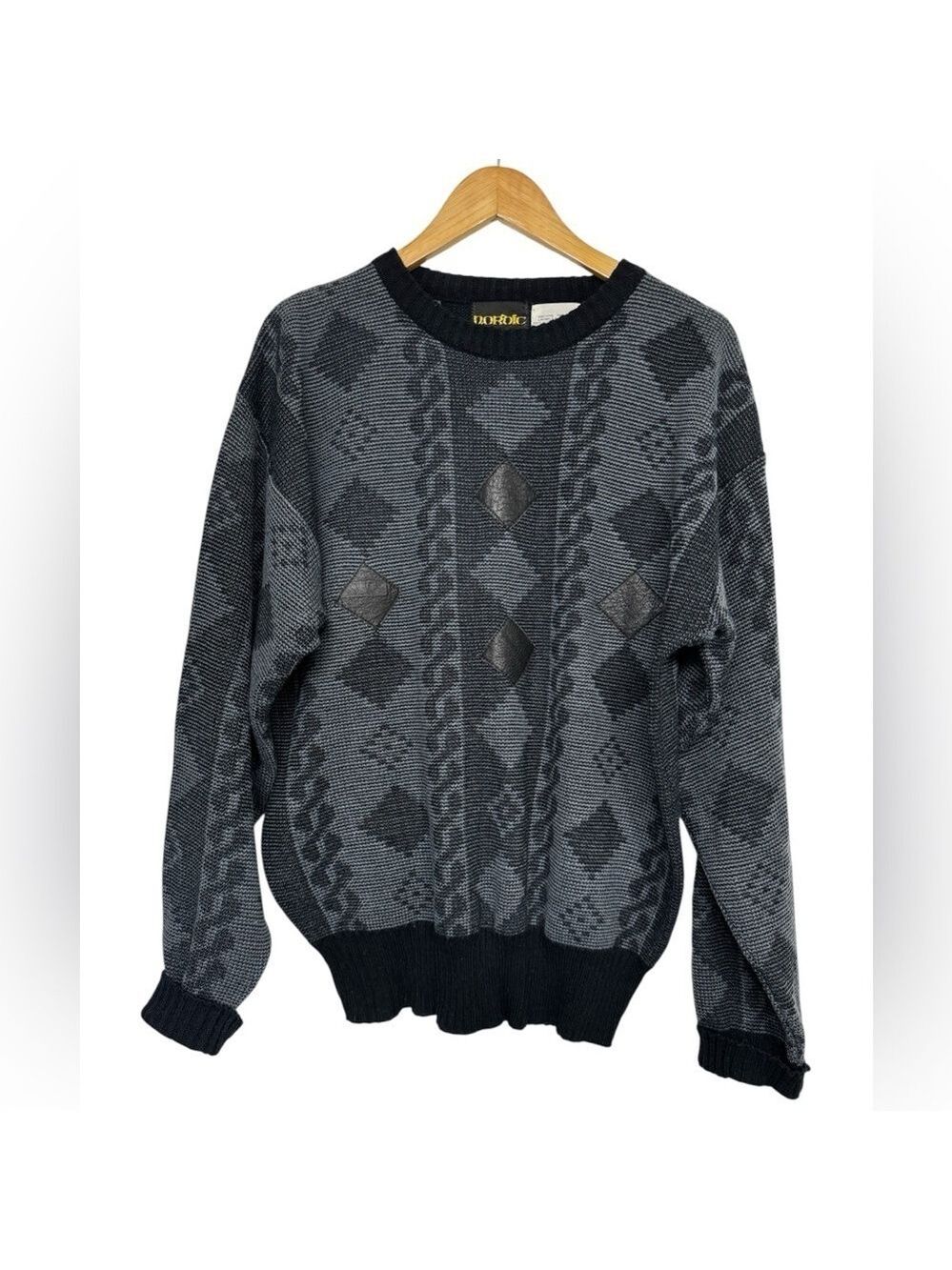 Vintage Nordic Sweater Geometric Knit Black Gray XL